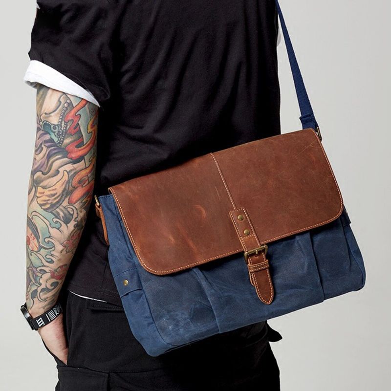 Mannen Canvas Lederen Messenger Bag Mannelijke Casual Vintage Schoudertassen Waterdichte Crossbody Tassen Hoge Kwaliteit Reistas - Grijs