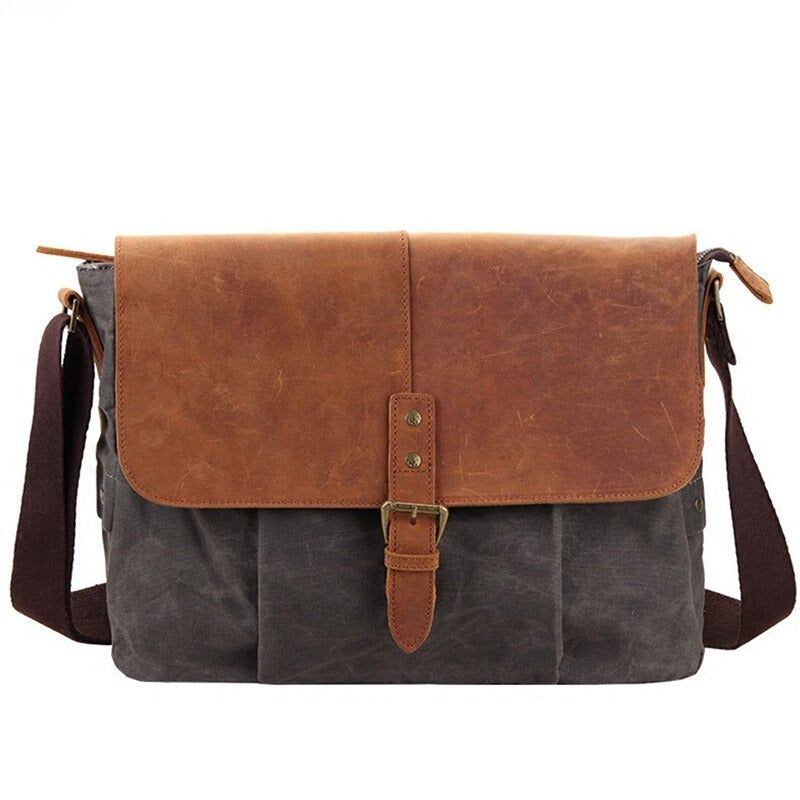 Mannen Canvas Lederen Messenger Bag Mannelijke Casual Vintage Schoudertassen Waterdichte Crossbody Tassen Hoge Kwaliteit Reistas - Grijs