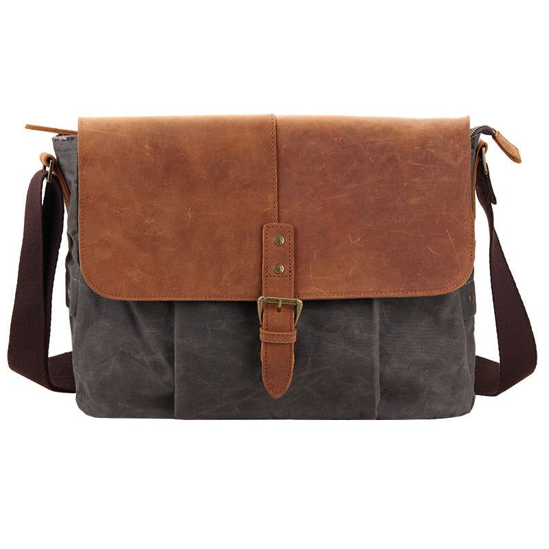 Mannen Canvas Lederen Messenger Bag Mannelijke Casual Vintage Schoudertassen Waterdichte Crossbody Tassen Hoge Kwaliteit Reistas - Grijs