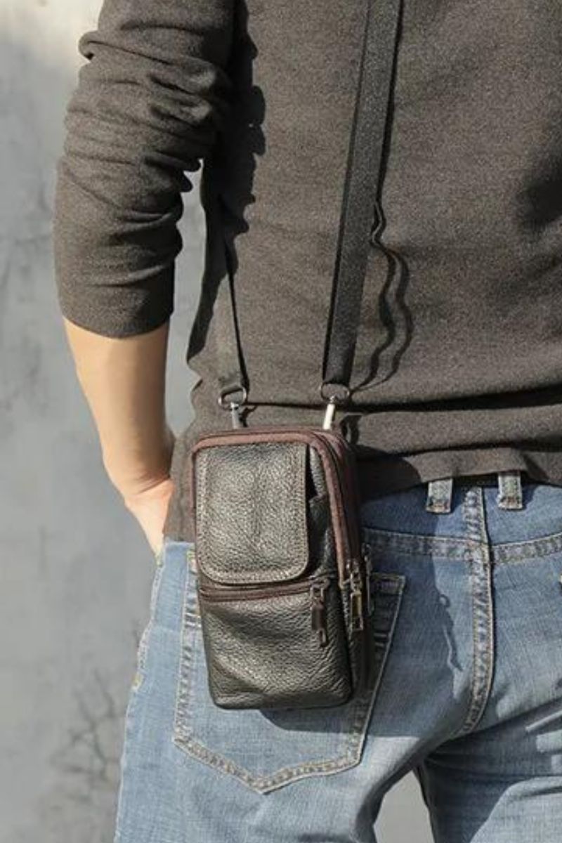 Mini-heuptas Van Echt Leer Voor Heren Crossbody - Lichte Koffie