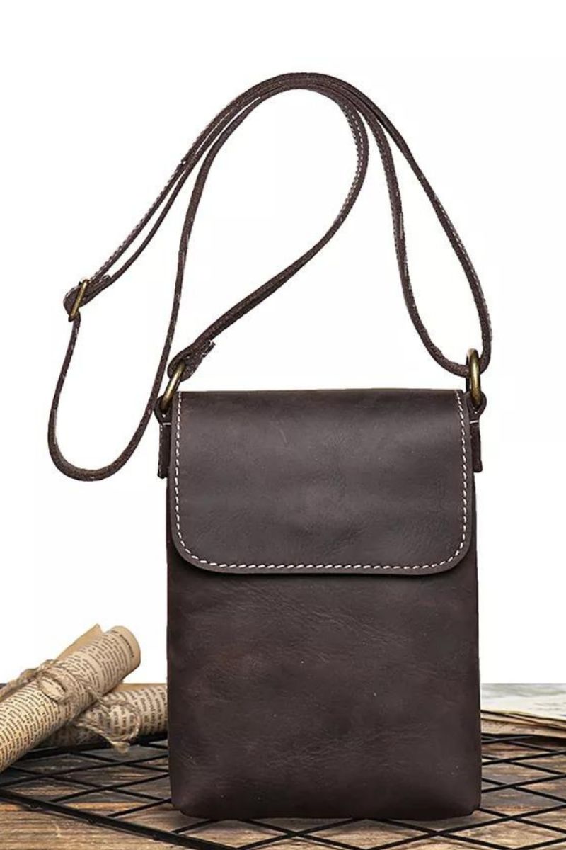 Retro Flip Zwarte Kleine Schoudertas Voor Heren Echt Leer Sling Crossbody Bags Minderheidsontwerp Man Eenvoudig