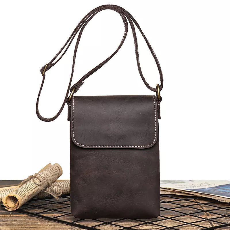 Retro Flip Zwarte Kleine Schoudertas Voor Heren Echt Leer Sling Crossbody Bags Minderheidsontwerp Man Eenvoudig - Zwart