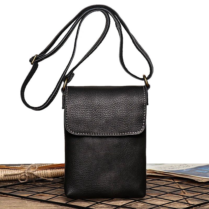 Retro Flip Zwarte Kleine Schoudertas Voor Heren Echt Leer Sling Crossbody Bags Minderheidsontwerp Man Eenvoudig - Zwart