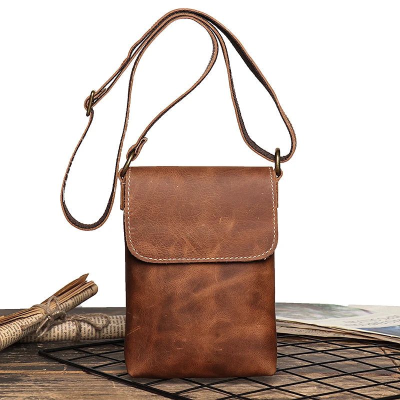 Retro Flip Zwarte Kleine Schoudertas Voor Heren Echt Leer Sling Crossbody Bags Minderheidsontwerp Man Eenvoudig - Zwart