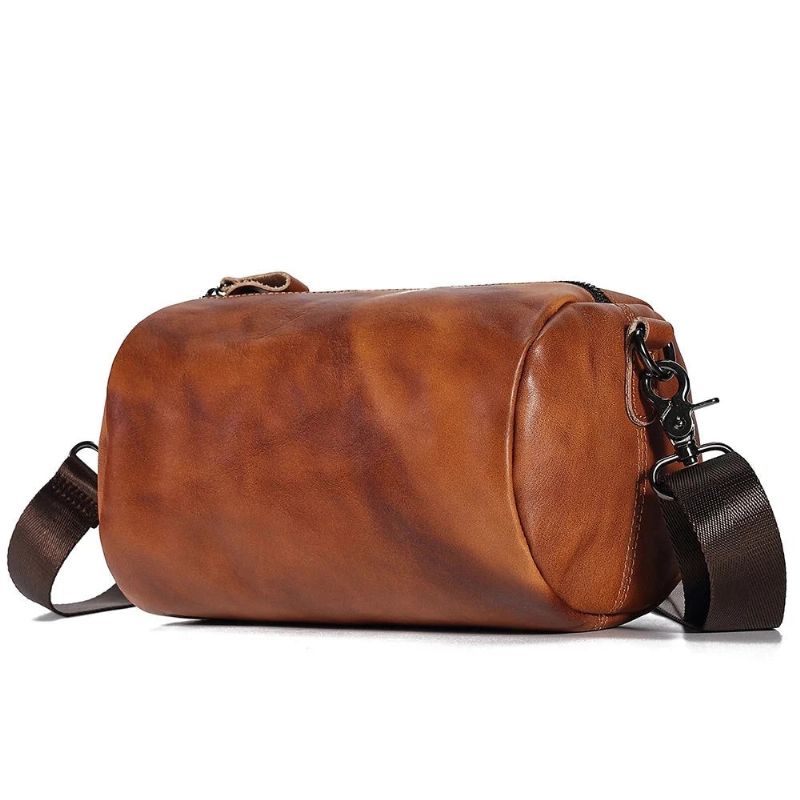 Vintage Echte Lederen Crossbody Tas Voor Mannen Vrouwen Cilindrische Schoudertas Ontwerper Kleine Messenger Bag - Bruin