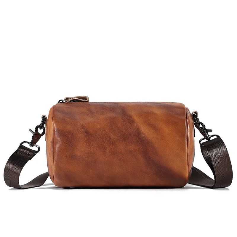 Vintage Echte Lederen Crossbody Tas Voor Mannen Vrouwen Cilindrische Schoudertas Ontwerper Kleine Messenger Bag - Bruin