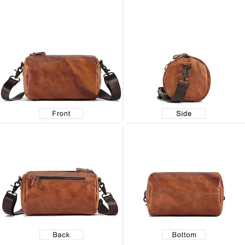 Vintage Echte Lederen Crossbody Tas Voor Mannen Vrouwen Cilindrische Schoudertas Ontwerper Kleine Messenger Bag - Bruin