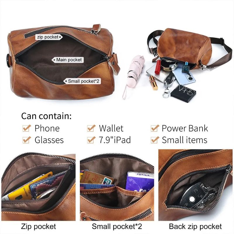 Vintage Echte Lederen Crossbody Tas Voor Mannen Vrouwen Cilindrische Schoudertas Ontwerper Kleine Messenger Bag - Bruin