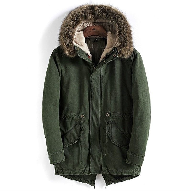 Dikke Warme Herenparka Met Bontkraag Winterparka's Hoge Kwaliteit Winddichte Katoenen Lange Jas Met Capuchon - Groen