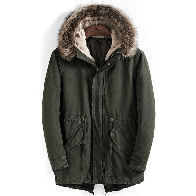 Dikke Warme Herenparka Met Bontkraag Winterparka's Hoge Kwaliteit Winddichte Katoenen Lange Jas Met Capuchon - Groen