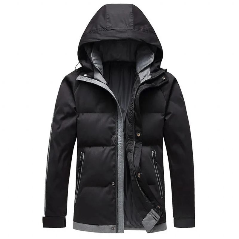 Heren Parka Winter Trendy Katoenen Jas Dikkere Streep Winddichte Losse Buitenjas Met Capuchon - Zwart