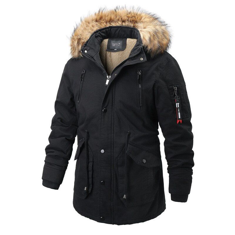 Heren Parka's Met Capuchon Winter Casual Warm Dikker Bontkraag Jas Afneembare Hoed Fleece Mannelijke Bovenkleding Overjas - Zwart