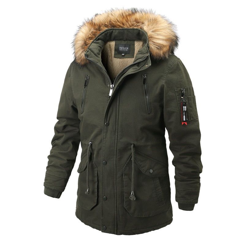 Heren Parka's Met Capuchon Winter Casual Warm Dikker Bontkraag Jas Afneembare Hoed Fleece Mannelijke Bovenkleding Overjas - Zwart