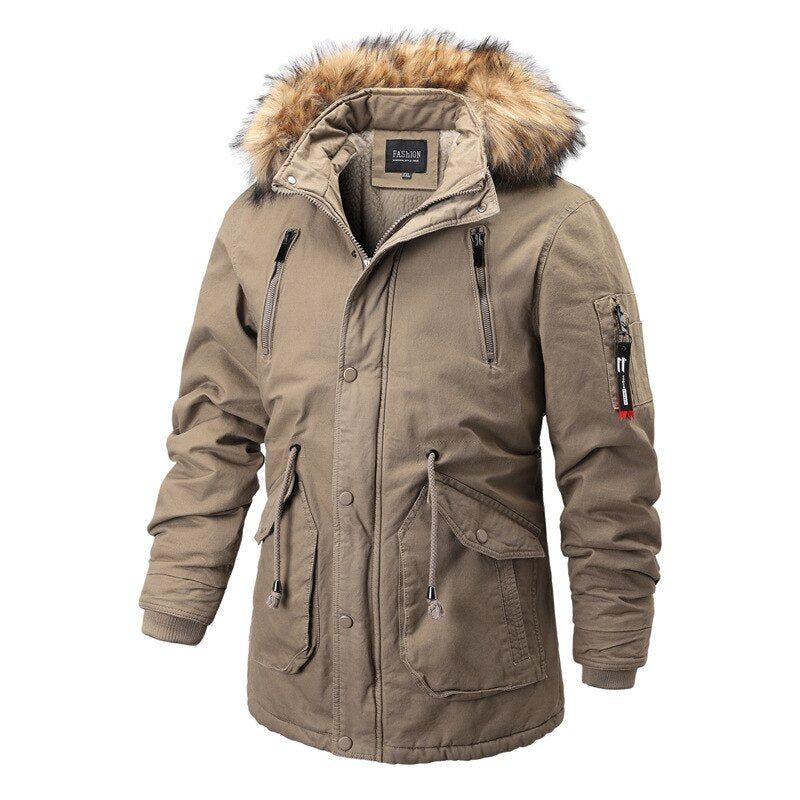 Heren Parka's Met Capuchon Winter Casual Warm Dikker Bontkraag Jas Afneembare Hoed Fleece Mannelijke Bovenkleding Overjas - Zwart