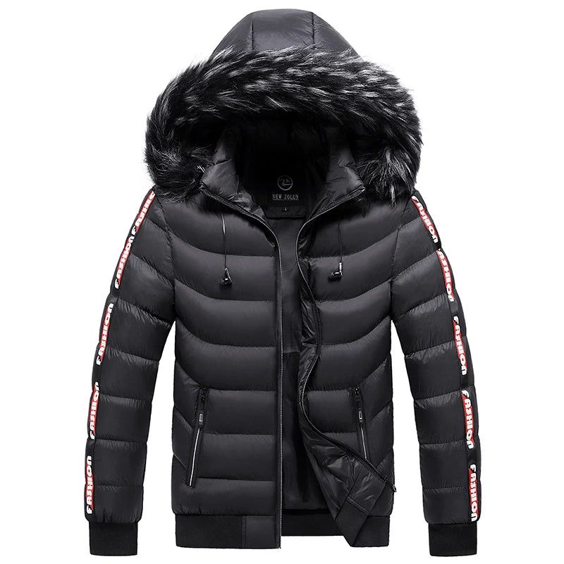 Winter Heren Fluwelen Parka Jas Bontkraag Capuchon Plus Dikke Warme Jas - Zwart