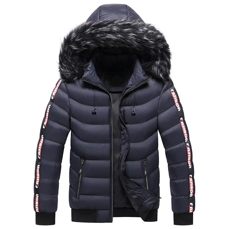 Winter Heren Fluwelen Parka Jas Bontkraag Capuchon Plus Dikke Warme Jas - Zwart