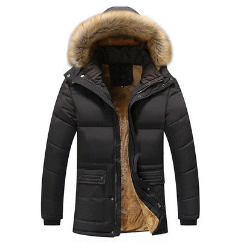 Winter Heren Jas Casual Faux Bontkraag Katoen Thermische Parka's Man Fleece Warm Windjack Hoodies Jassen - Koffie