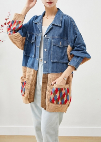 Art Blue Oversized Denim Jack Met Patchworkzakken Herfst