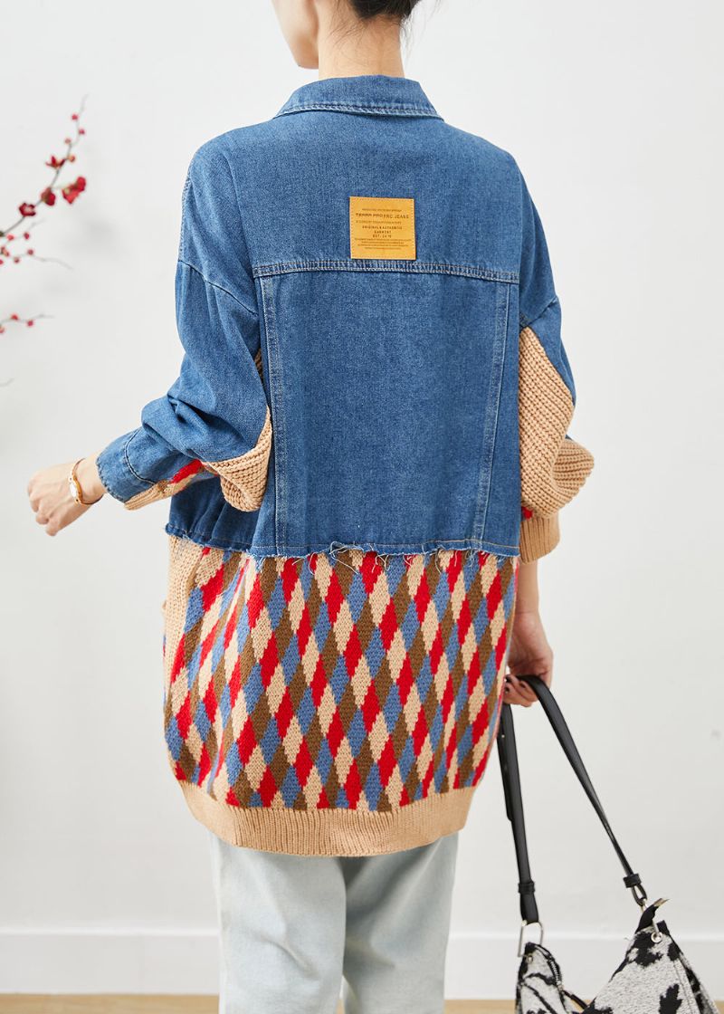 Art Blue Oversized Denim Jack Met Patchworkzakken Herfst - Dames winterjassen