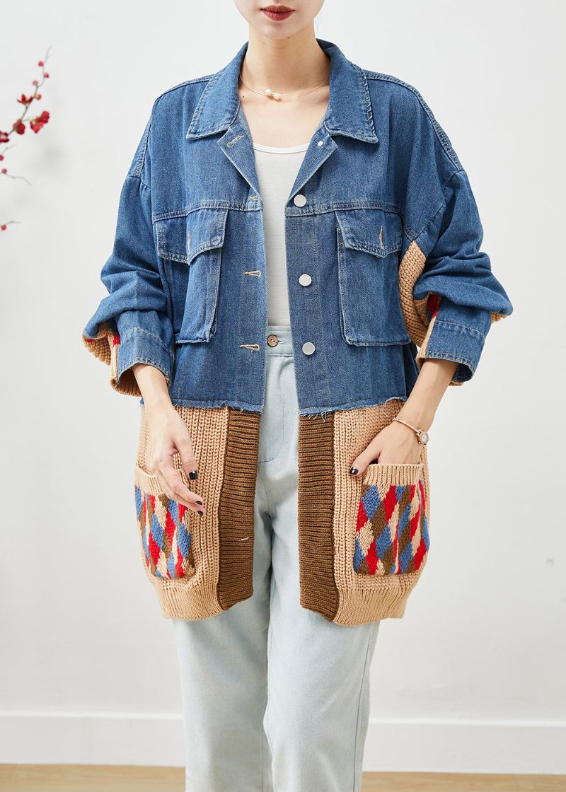 Art Blue Oversized Denim Jack Met Patchworkzakken Herfst - Dames winterjassen