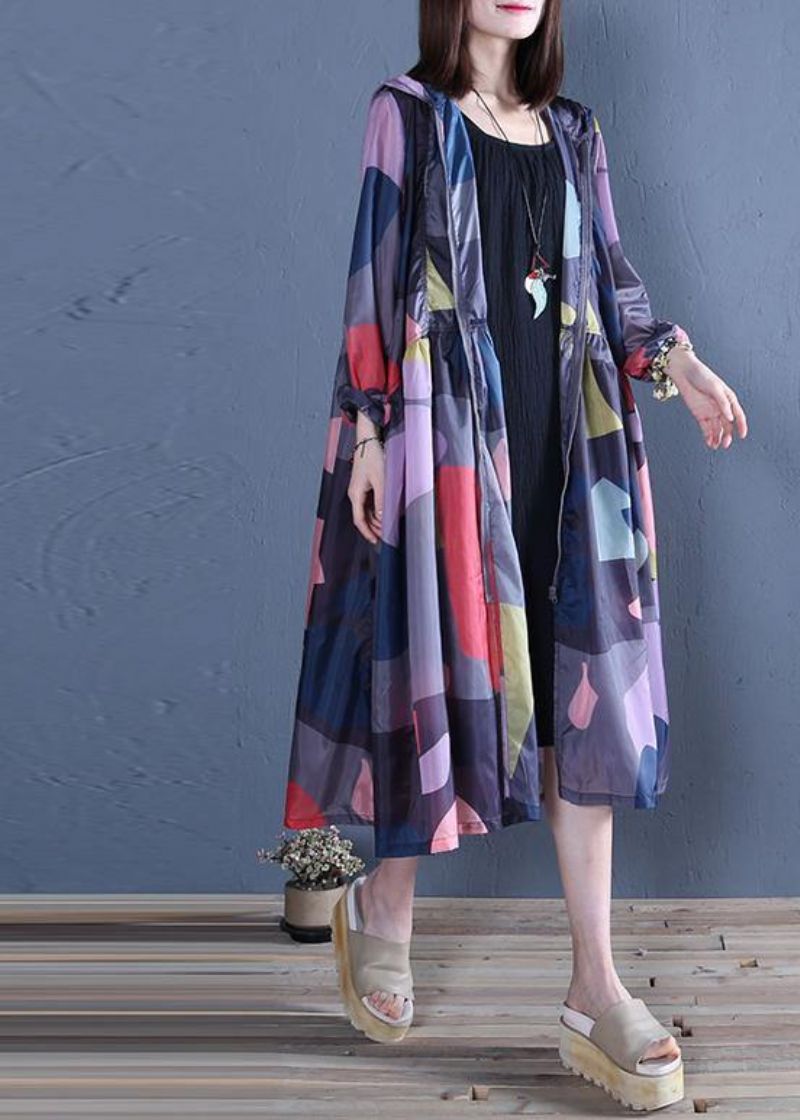 Art Capuchon Met Ritssluiting Mode Zomerpatroon Blauwe Print Losse Uitloper - Dames winterjassen