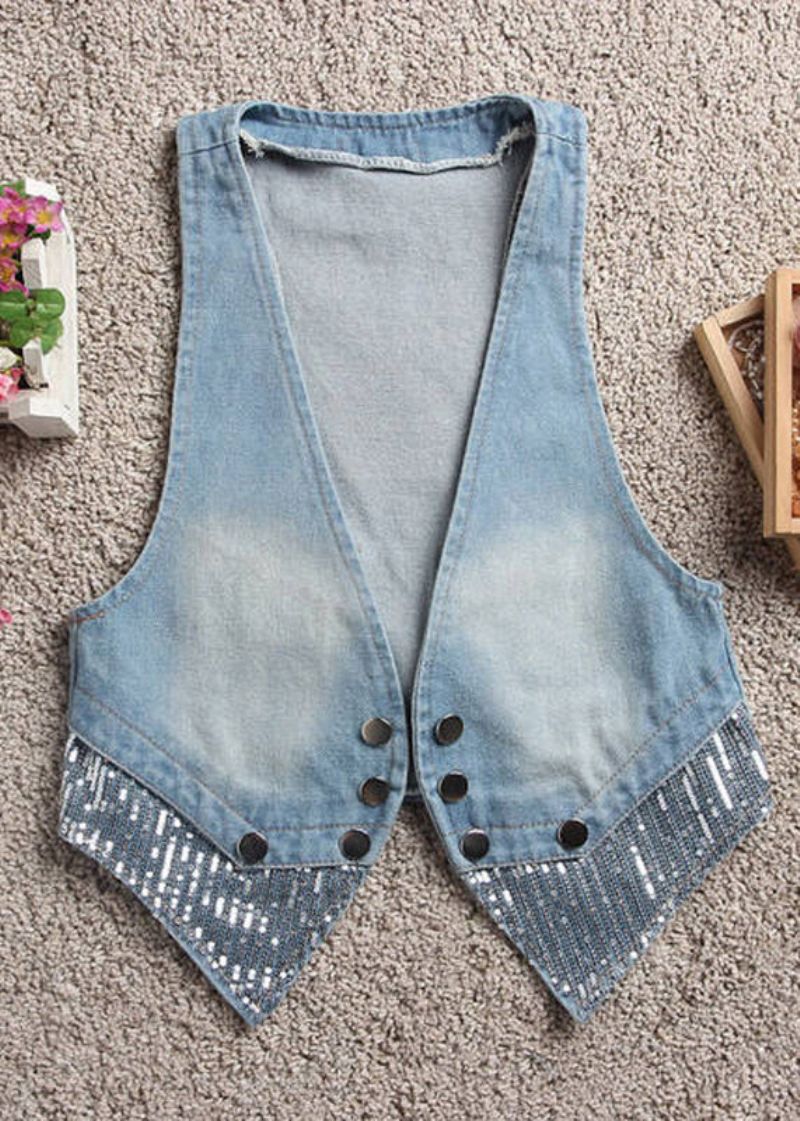 Art Lichtblauw Denim Gilet Met Patchwork En V-hals Herfst