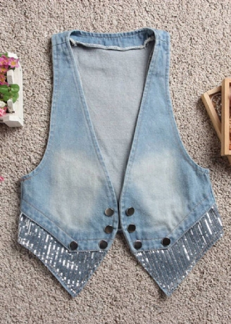 Art Lichtblauw Denim Gilet Met Patchwork En V-hals Herfst