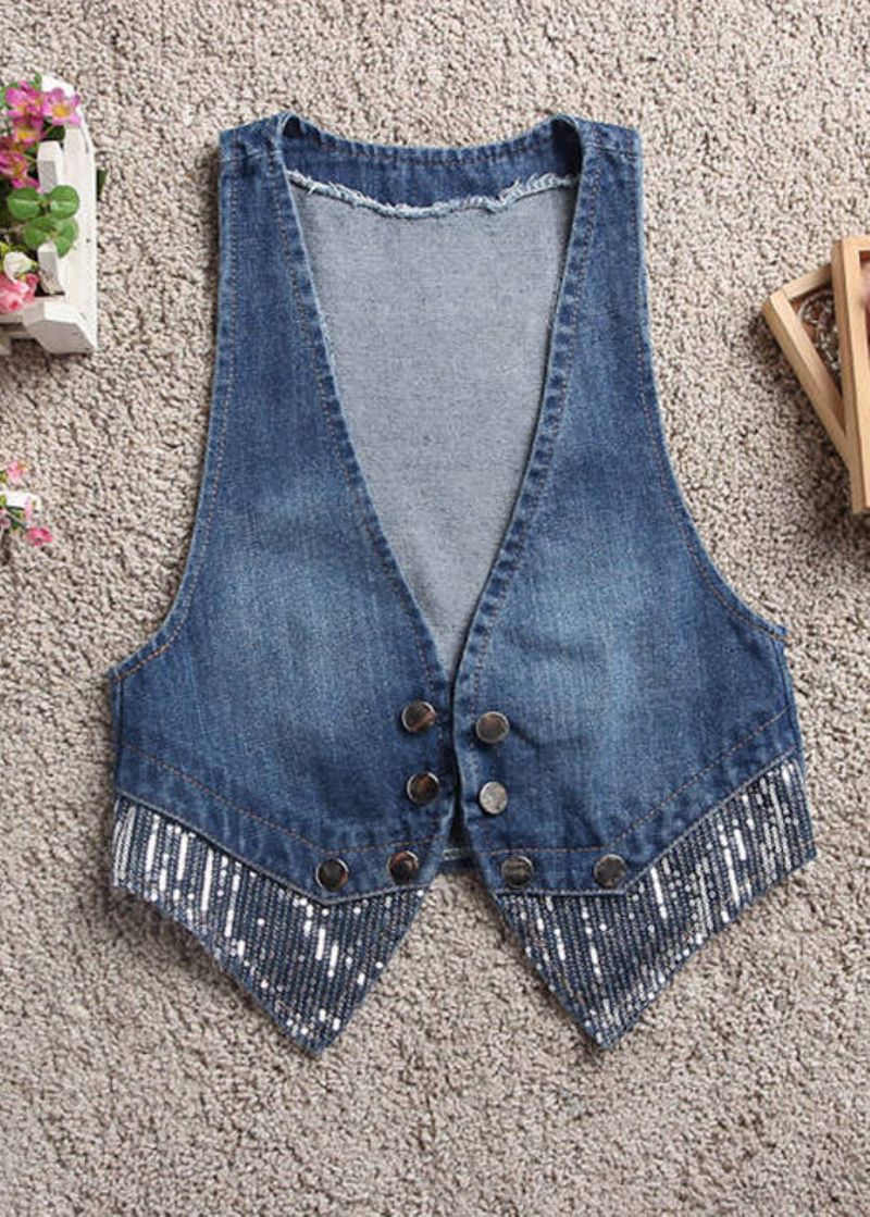 Art Lichtblauw Denim Gilet Met Patchwork En V-hals Herfst - Lichtblauw