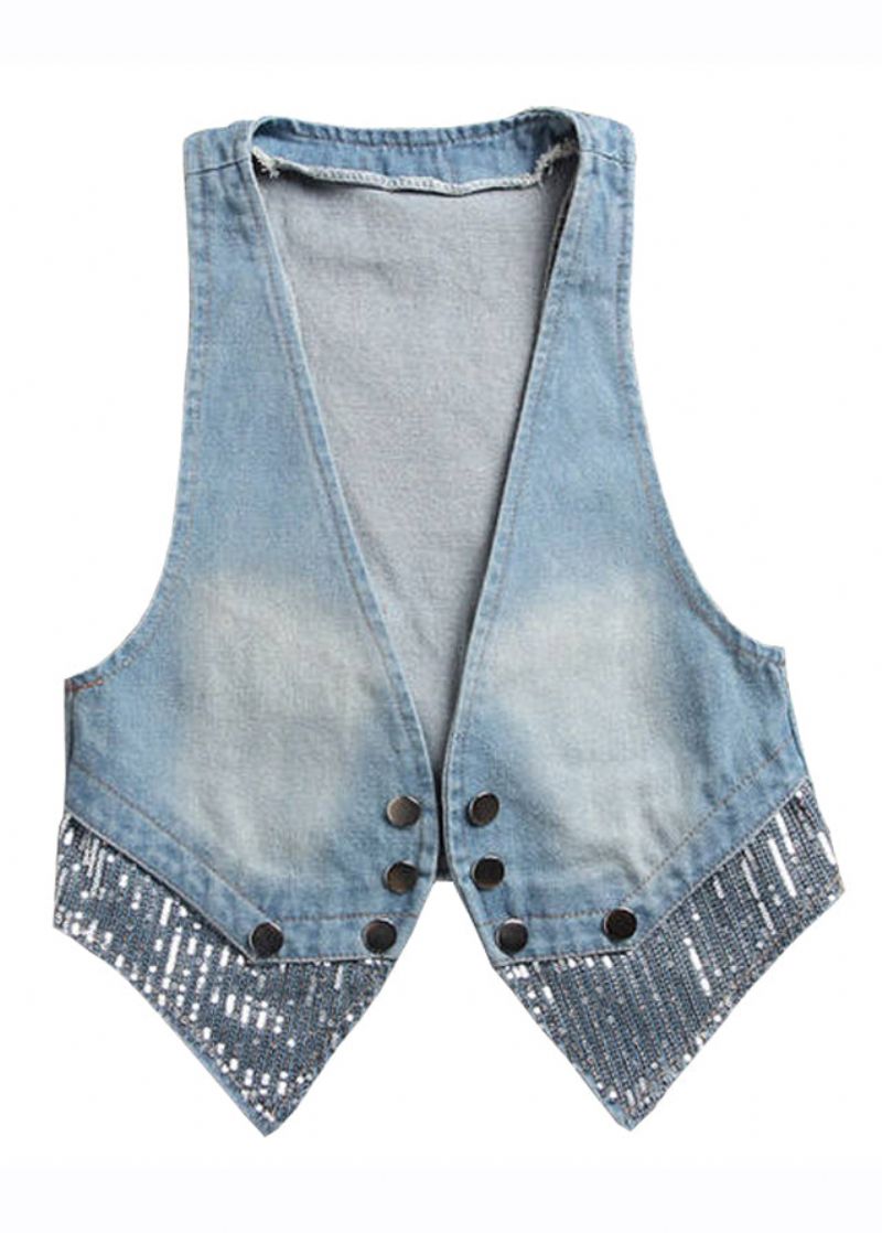 Art Lichtblauw Denim Gilet Met Patchwork En V-hals Herfst - Lichtblauw