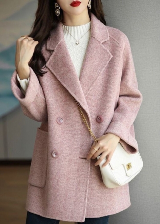 Art Pink Revers Double Breast Dikke Wollen Trench Fall