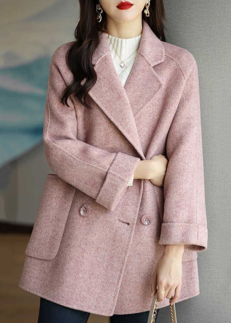 Art Pink Revers Double Breast Dikke Wollen Trench Fall - Dames winterjassen