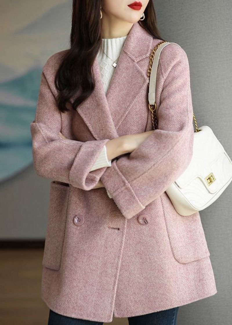 Art Pink Revers Double Breast Dikke Wollen Trench Fall - Dames winterjassen