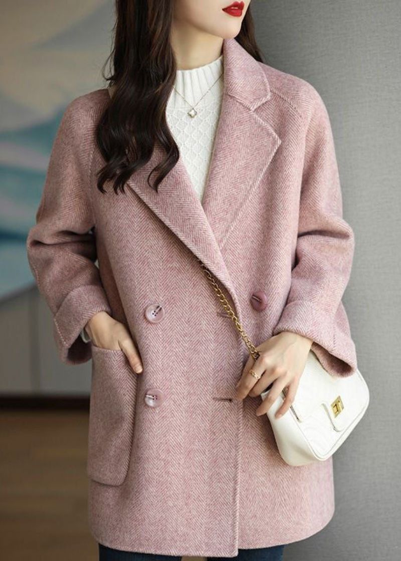 Art Pink Revers Double Breast Dikke Wollen Trench Fall - Dames winterjassen