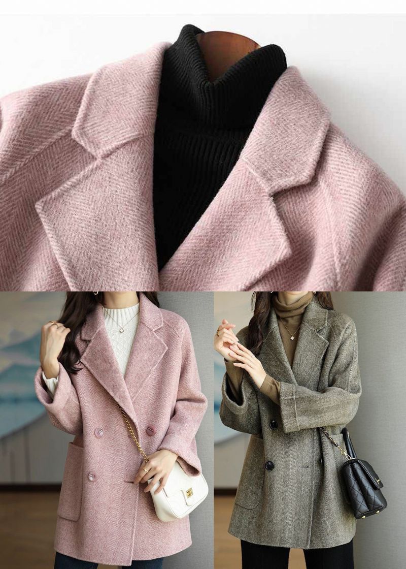 Art Pink Revers Double Breast Dikke Wollen Trench Fall - Dames winterjassen