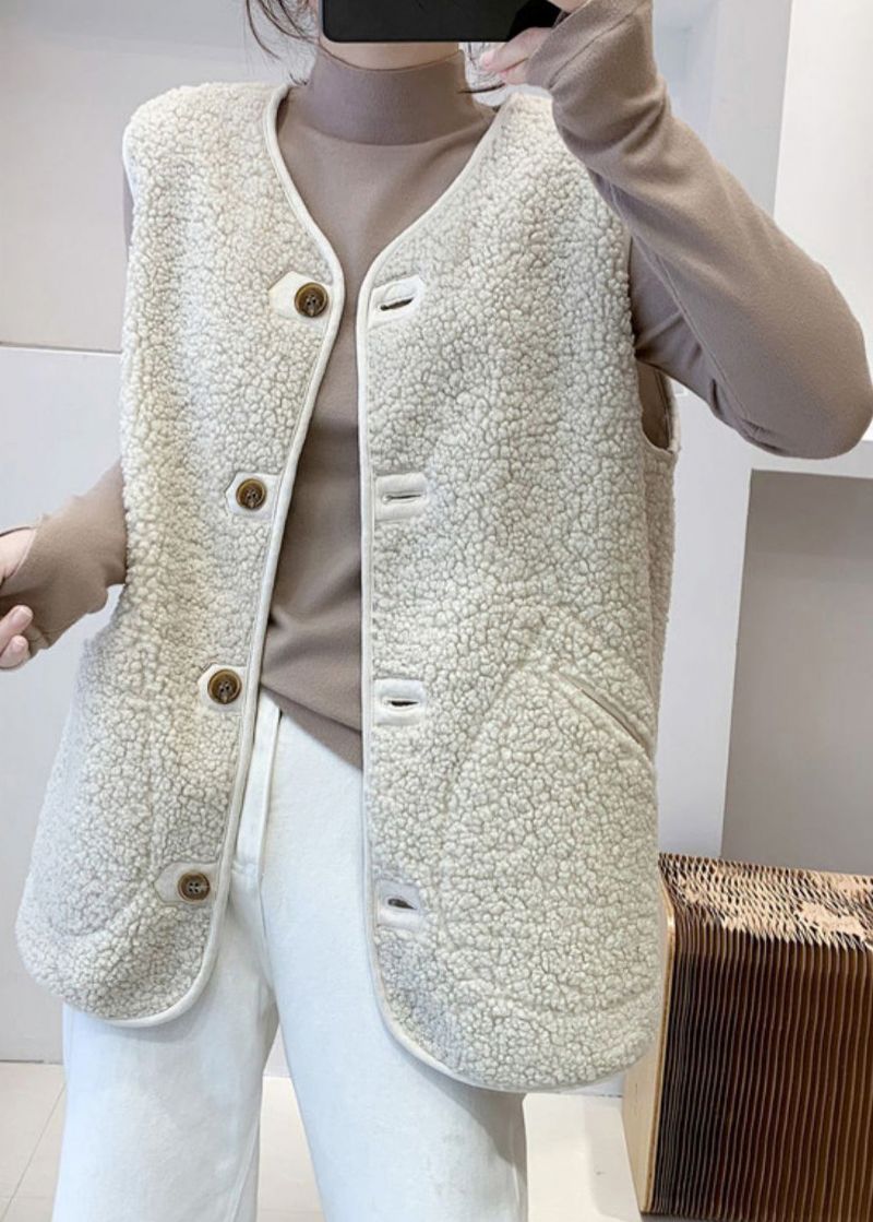 Beige Nepbontvest Met V-hals En Knopen Herfst