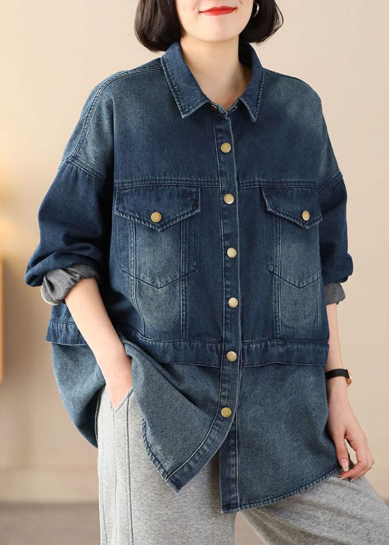 Biologische Blauwe Oversized Patchworkzakken Katoenen Denimjassen Lente - Dames winterjassen