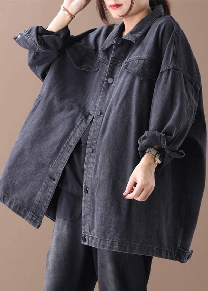 Biologische Denim Zwarte Katoenen Kraantopjes Met Reverszakken Midi-herfstblouses - Dames winterjassen