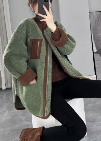 Biologische Groene Oversized Patchwork Teddyjas Van Namaakbont Winter