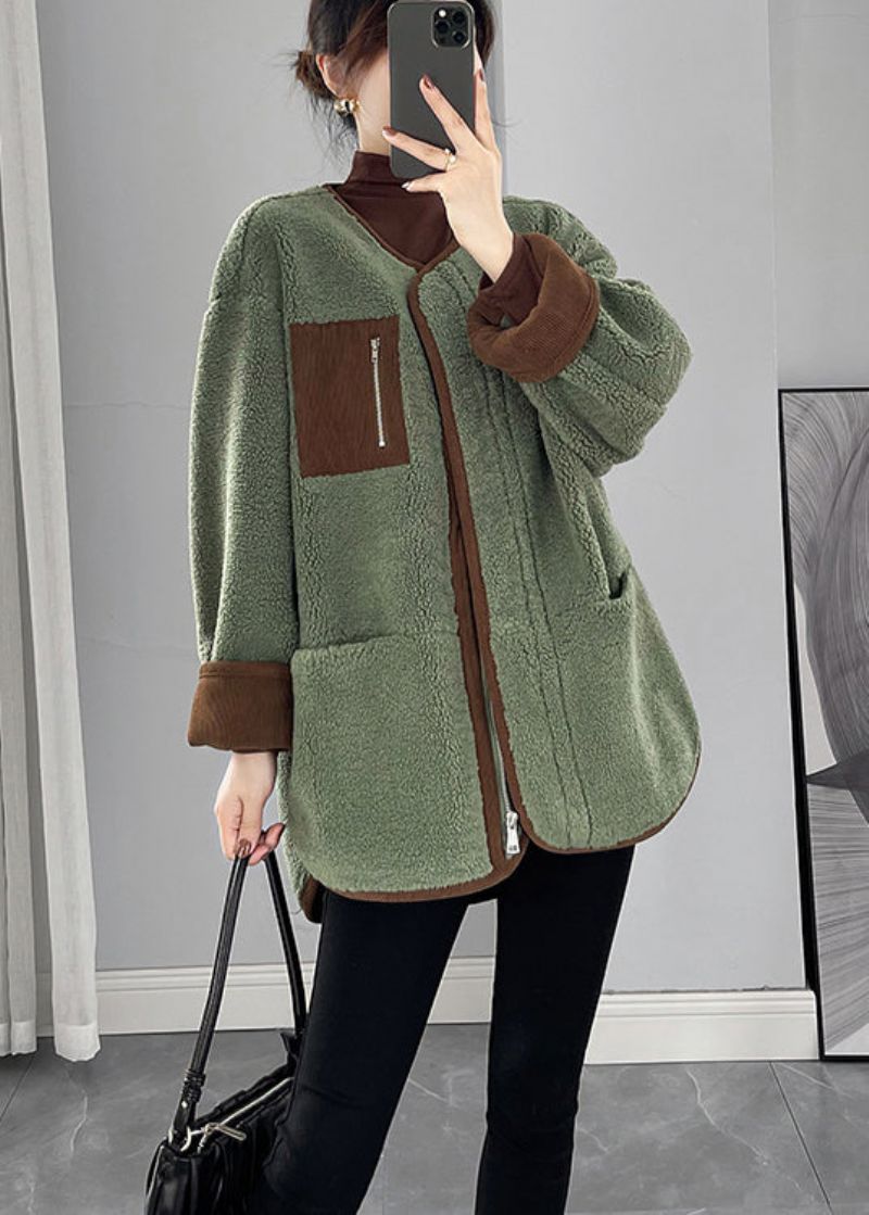 Biologische Groene Oversized Patchwork Teddyjas Van Namaakbont Winter - Dames winterjassen