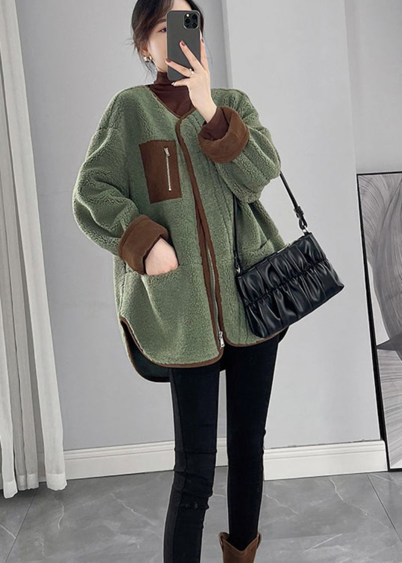 Biologische Groene Oversized Patchwork Teddyjas Van Namaakbont Winter - Dames winterjassen