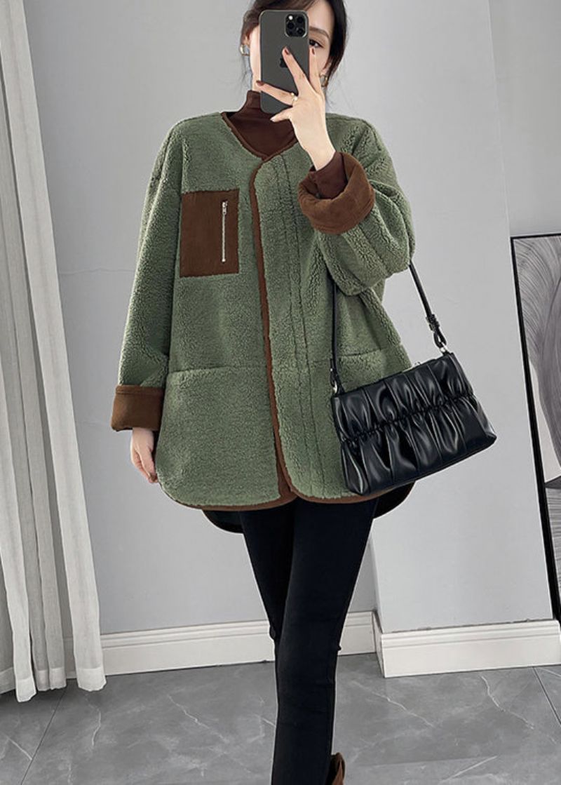 Biologische Groene Oversized Patchwork Teddyjas Van Namaakbont Winter - Dames winterjassen