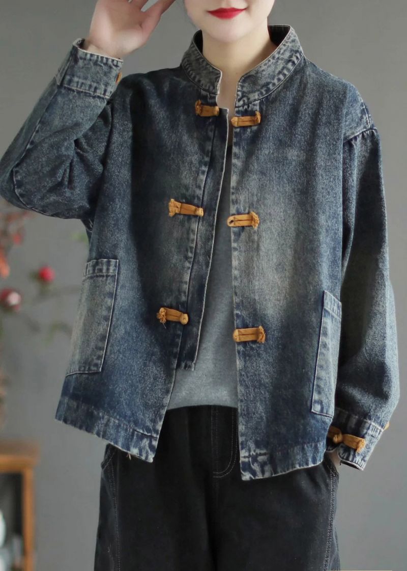 Blauwe Denim Jas Met Opstaande Kraag En Lange Mouwen - Blauw