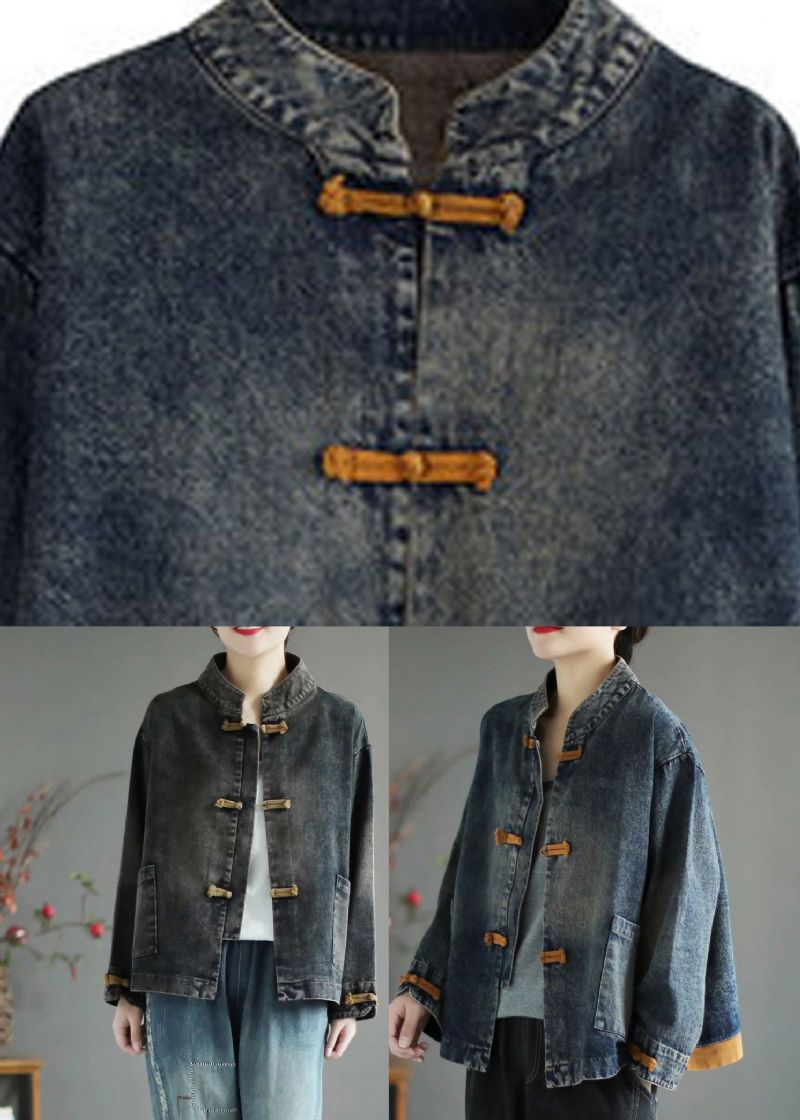 Blauwe Denim Jas Met Opstaande Kraag En Lange Mouwen - Blauw