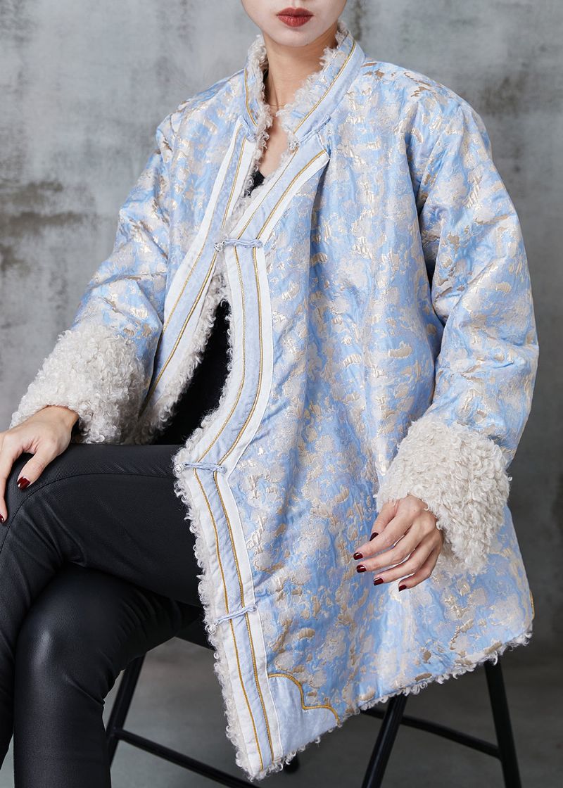 Blauwe Jacquard Fleece Wol Gevoerde Jas Uitloper Chinese Knop Lente - Dames winterjassen