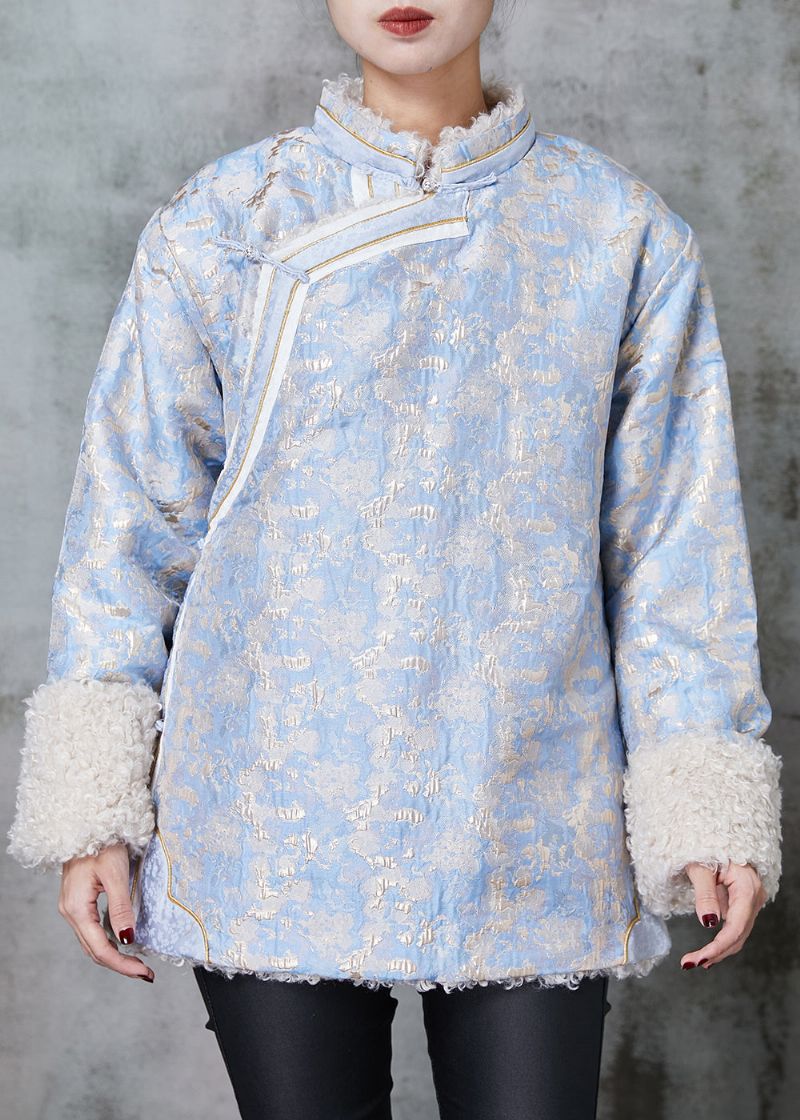 Blauwe Jacquard Fleece Wol Gevoerde Jas Uitloper Chinese Knop Lente - Dames winterjassen