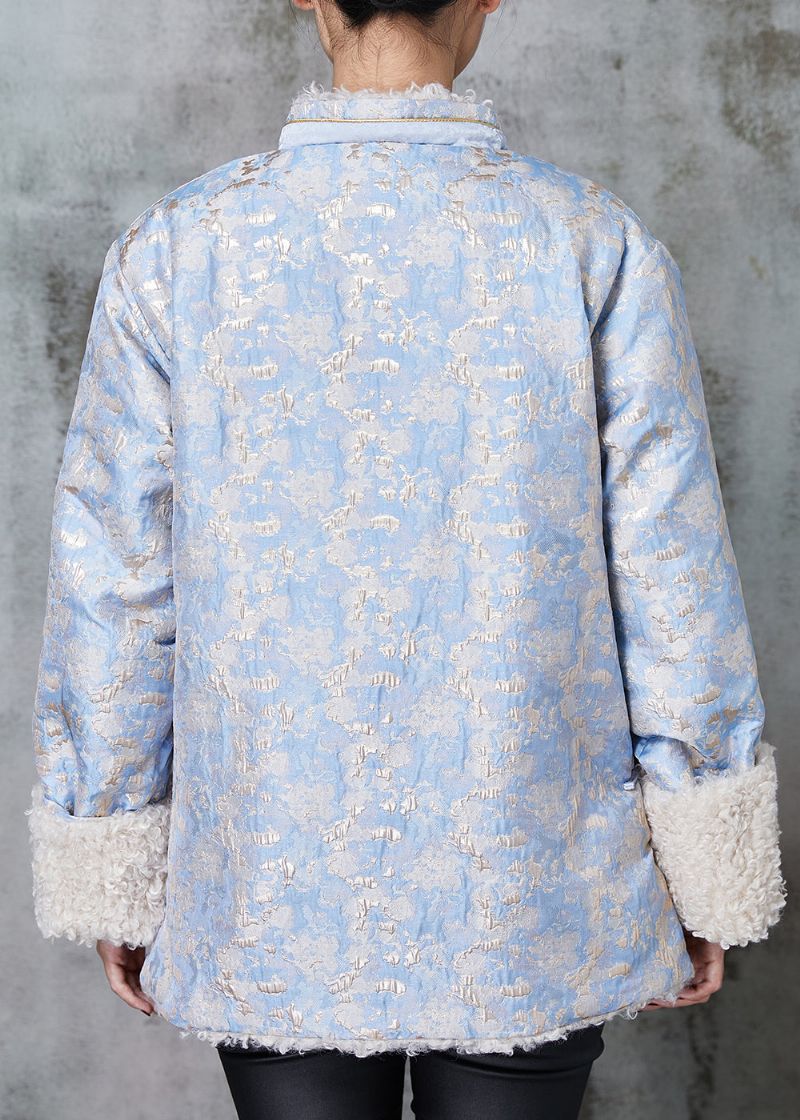 Blauwe Jacquard Fleece Wol Gevoerde Jas Uitloper Chinese Knop Lente - Dames winterjassen