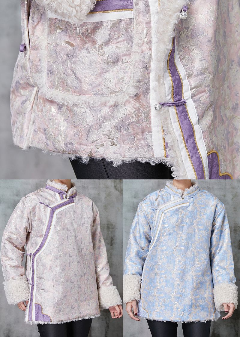 Blauwe Jacquard Fleece Wol Gevoerde Jas Uitloper Chinese Knop Lente - Dames winterjassen