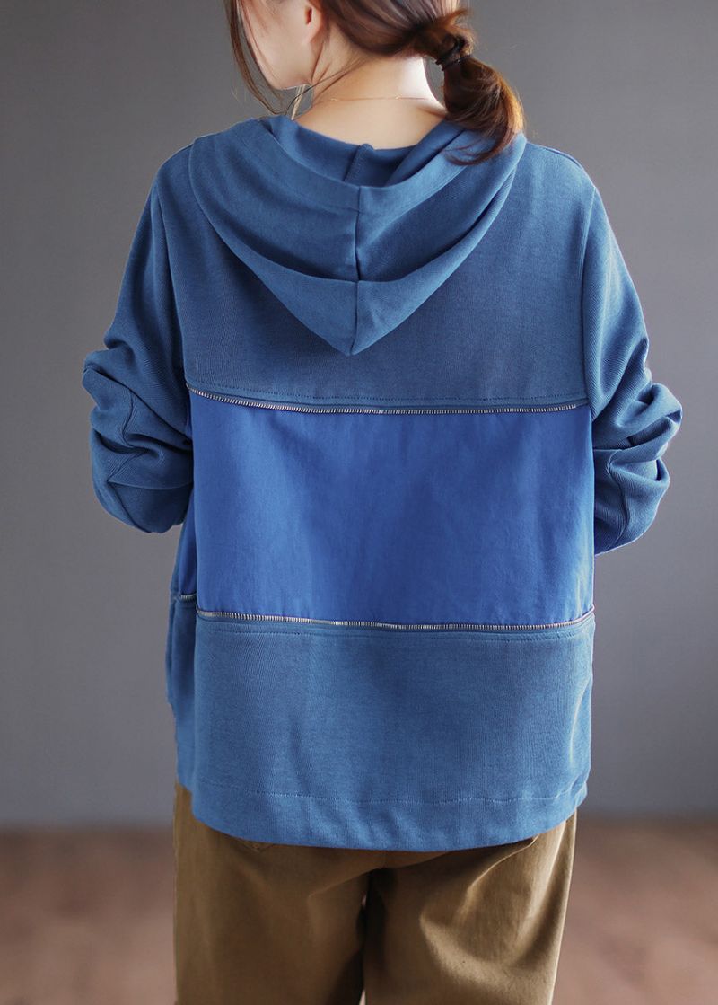 Blauwe Katoenen Hoodiejas Met Lange Mouwen En Ritssluiting - Blauw