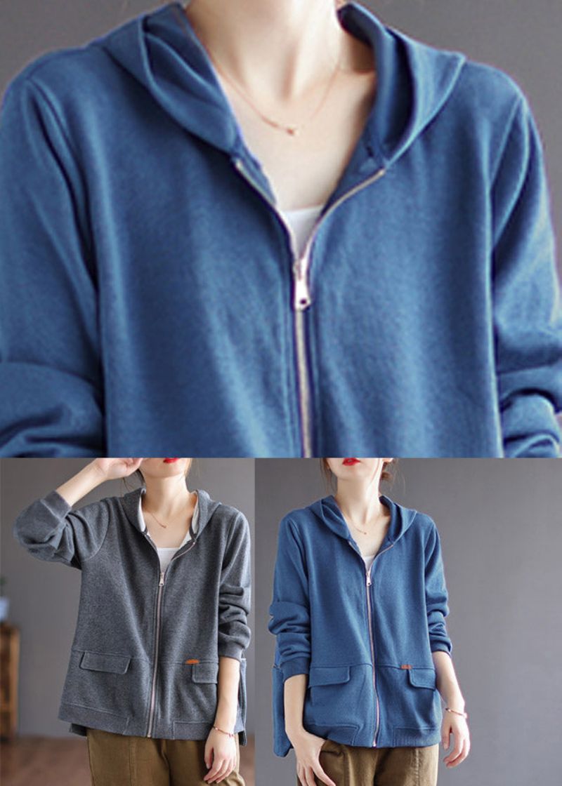 Blauwe Katoenen Hoodiejas Met Lange Mouwen En Ritssluiting - Blauw