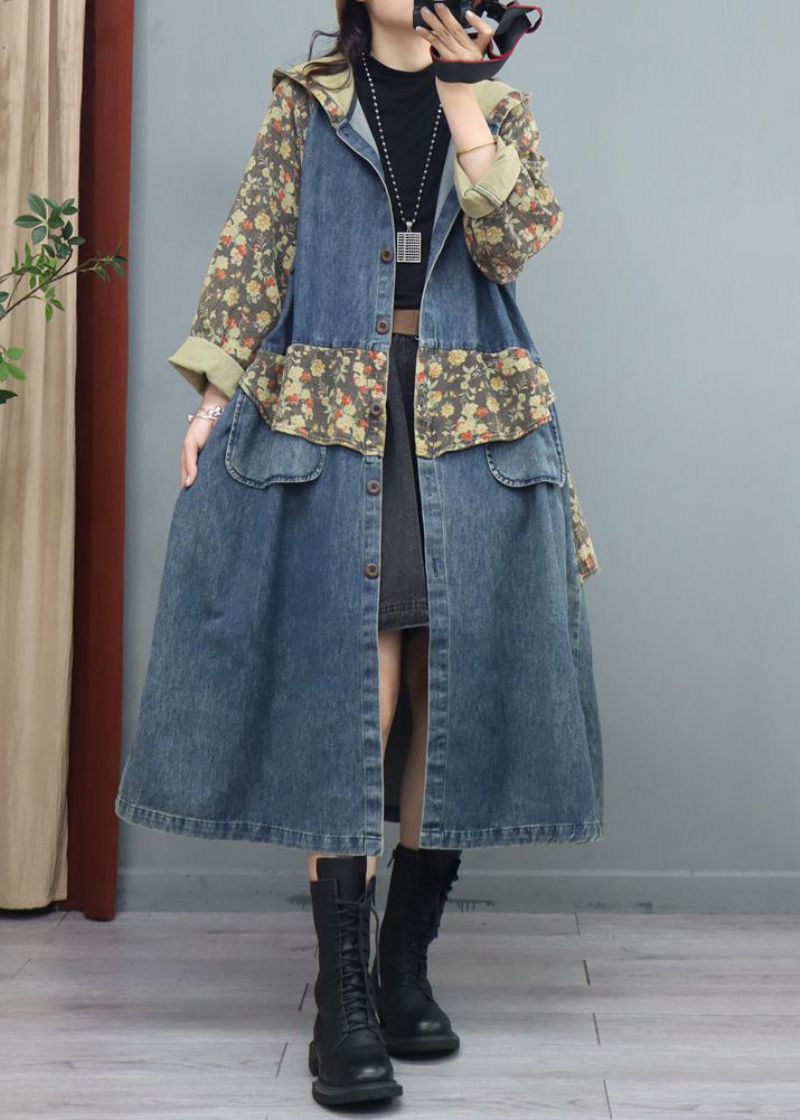 Blauwe Print Knoop Patchwork Denim Jas Asymmetrische Lange Mouw - Dames winterjassen